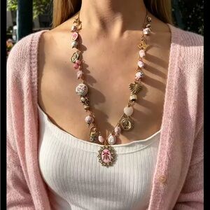 Gold-Tone Enamel Glass Ceramic long Boho Charm Necklace